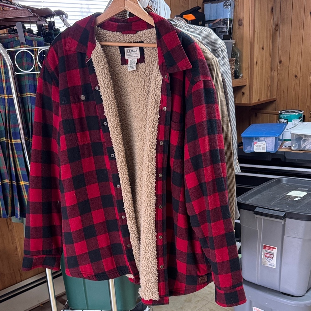 L.L. Bean Sherpa Red and Black Plaid Jacket